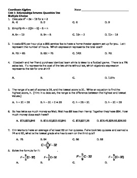 CCGPS Coordinate Algebra Unit 1 Test by Andrew Marzka | TpT