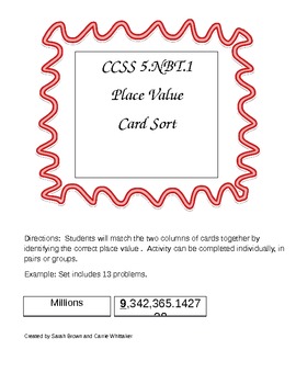 Preview of CCSS 5.NBT.1 Place Value card sort