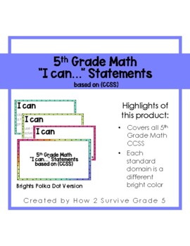 Preview of CCSS 5th Grade Math "I can" Statements - Brights Version