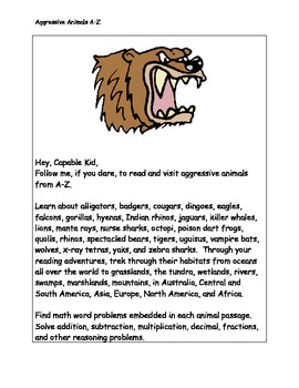Preview of CCSS Aggressive Animals Research, Reading, Math, Writing, Logic