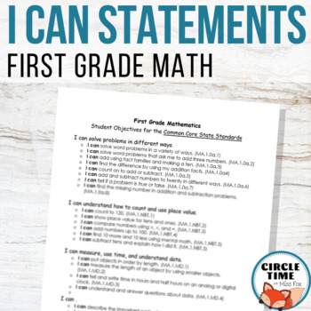 Preview of I CAN Statements 1st Grade Math Assessments, CCSS