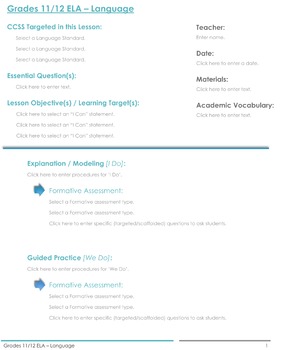 Preview of CCSS Lesson Plan Template - 11th/12th Grade ELA - Language