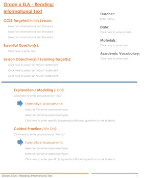 Preview of CCSS Lesson Plan Template - 6th Grade ELA - Reading Informational Text