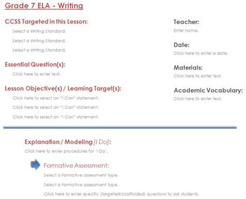 Preview of CCSS Lesson Plan Template - 7th Grade ELA - Writing