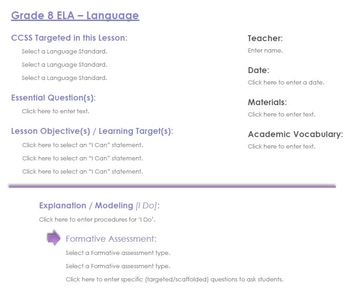 Preview of CCSS Lesson Plan Template - 8th Grade ELA - Language