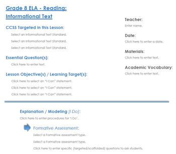Preview of CCSS Lesson Plan Template - 8th Grade ELA - Reading: Informational Text
