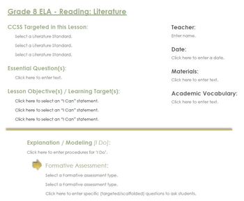 Preview of CCSS Lesson Plan Template - 8th Grade ELA - Reading: Literature