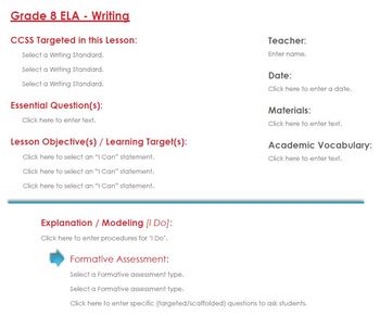 Preview of CCSS Lesson Plan Template - 8th Grade ELA - Writing