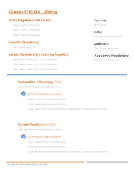 Preview of CCSS Lesson Plan Template - 9th/10th Grade ELA - Writing