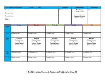 Preview of CCSS Lesson Plan Template Kindergarten All Subjects