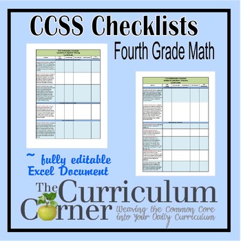 Preview of CCSS Math Checklists 4th Grade Fully Editable Excel Document