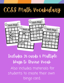 Preview of CCSS Math Vocabulary for Elementary Aged Students