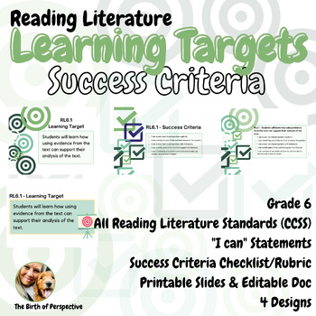 Preview of CCSS RL.6 | Learning Targets | Success Criteria | I Can Statements | Printable