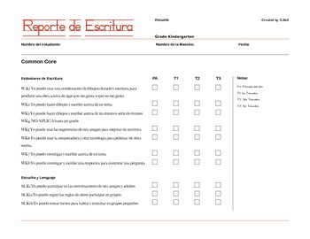 Preview of CCSS Spanish Writing Report Card. Reporte de calificacionesESCRITURA