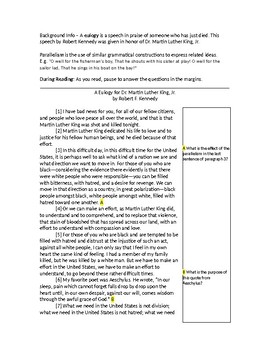 CCSS Worksheet on Diction & Inference - Eulogy for MLK by Katelyn Alley