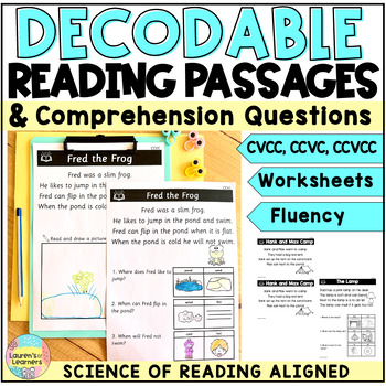 Preview of CCVCC Decodable reading comprehension passages and questions worksheets