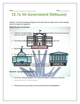 Preview of CE.7 Virginia Branches of Government Webquest