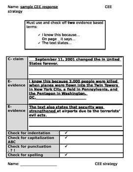 Preview of CEE (claim - evidence- evidence) reading response template