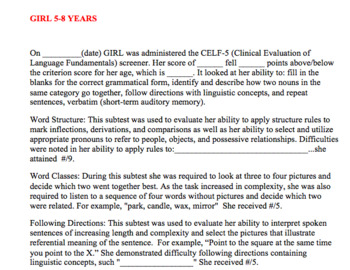 Preview of CELF-5® Screener Informal Summary Template