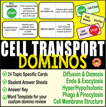 Preview of CELL TRANSPORT DOMINO REVIEW~ 24 Cards + Answer Sheets + Key- BIOLOGY & ANATOMY