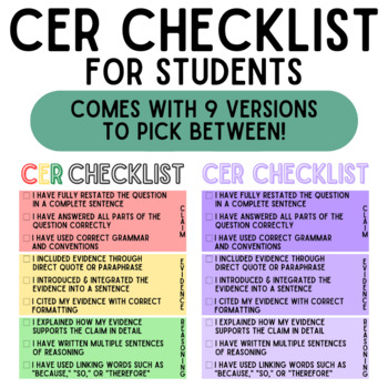 Preview of CER Checklist for Students | Claim Evidence Reasoning Writing Strategy