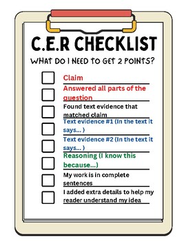 Preview of CER (Claim, Evidence, Reasoning) Checklist for extended responses