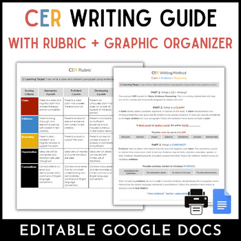 Preview of CER Writing Guide, Graphic Organizer, & Rubric | Editable Google Docs