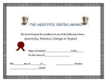 Preview of CERTIFICATE/AWARD FOR VIRTUE: THE ARISTOTLE AWARD