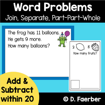 Preview of CGI Word Problems, Addition & Subtraction to 20, Join, Separate, Part-Part-Whole