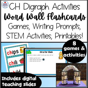 Preview of CH Digraph Activities Flashcards Games Worksheets STEM activities Writing Prompt