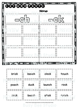 ch and ck sorts cut and paste worksheets freebie by