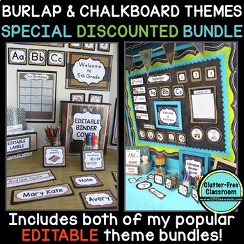 Preview of CHALKBOARD AND BURLAP Classroom Decor Bundle EDITABLE | rustic | shabby chic