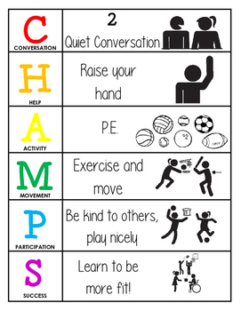 Preview of CHAMPS Behavior and Expectations Chart, P.E.