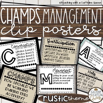 Preview of CHAMPS Posters for Classroom Management Clip Chart Rustic Theme