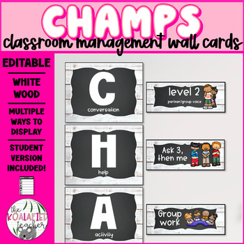 CHAMPS Wall Cards | EDITABLE | Student Version Included | White wood