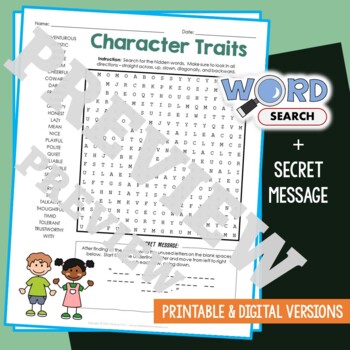 Preview of CHARACTER TRAITS Word Search Puzzle Activity Vocabulary Worksheet Secret Message