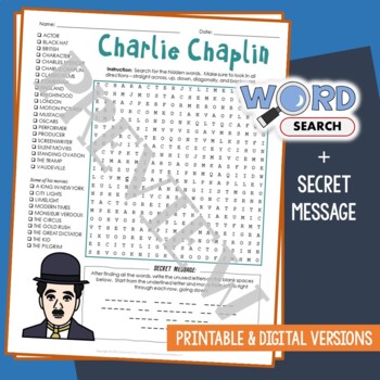 CHARLIE CHAPLIN Word Search Puzzle Activity Vocabulary Worksheet Secret