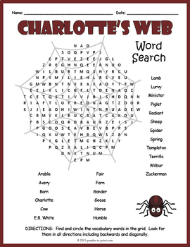 Preview of CHARLOTTE'S WEB Novel Study Word Search Puzzle Worksheet Activity
