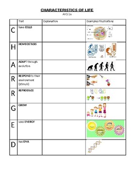 Charrged Chart For Characteristics Of Life Science Graphic Organizer