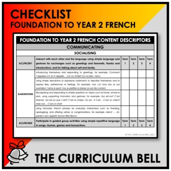 Preview of CHECKLIST | AUSTRALIAN CURRICULUM | FOUNDATION TO YEAR 2 FRENCH