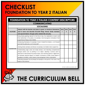 Preview of CHECKLIST | AUSTRALIAN CURRICULUM | FOUNDATION TO YEAR 2 ITALIAN