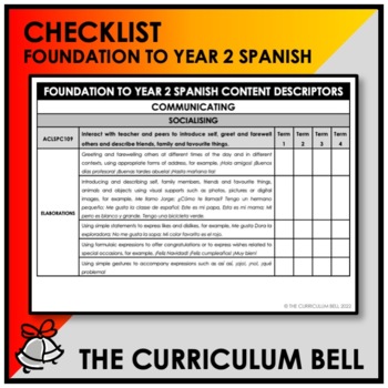 Preview of CHECKLIST | AUSTRALIAN CURRICULUM | FOUNDATION TO YEAR 2 SPANISH
