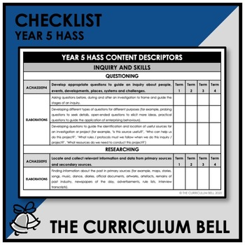 Preview of CHECKLIST | AUSTRALIAN CURRICULUM | YEAR 5 HASS