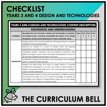 Preview of CHECKLIST | AUSTRALIAN CURRICULUM | YEARS 3 AND 4 DESIGN AND TECHNOLOGIES