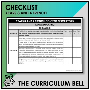 Preview of CHECKLIST | AUSTRALIAN CURRICULUM | YEARS 3 AND 4 FRENCH