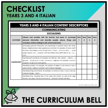 Preview of CHECKLIST | AUSTRALIAN CURRICULUM | YEARS 3 AND 4 ITALIAN