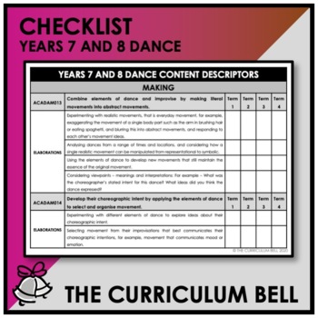 Preview of CHECKLIST | AUSTRALIAN CURRICULUM | YEARS 7 AND 8 DANCE
