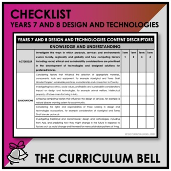 Preview of CHECKLIST | AUSTRALIAN CURRICULUM | YEARS 7 AND 8 DESIGN AND TECHNOLOGIES
