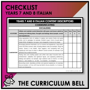 Preview of CHECKLIST | AUSTRALIAN CURRICULUM | YEARS 7 AND 8 ITALIAN