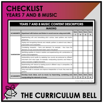 Preview of CHECKLIST | AUSTRALIAN CURRICULUM | YEARS 7 AND 8 MUSIC